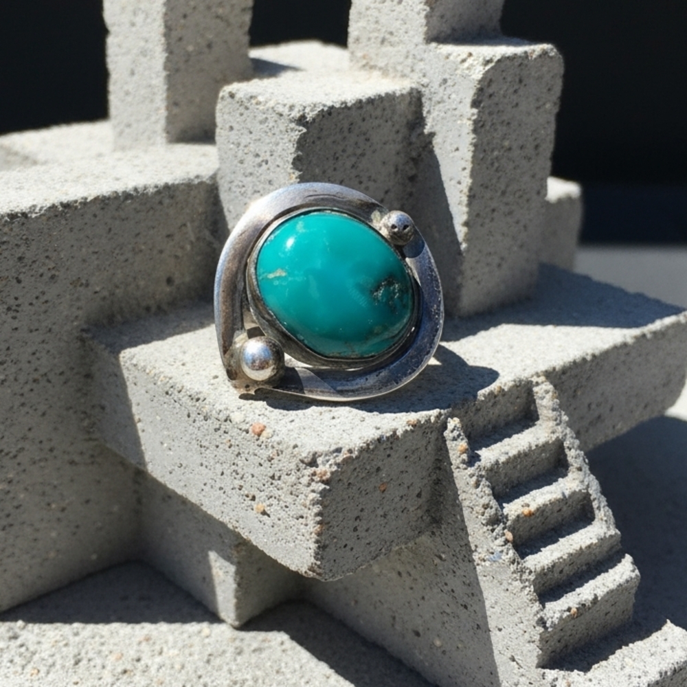 Native American Sterling Silver Artisan Bob Bradberry Ring with Turquoise Stone